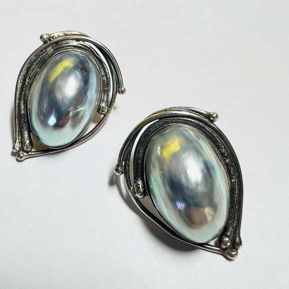Vintage Sterling Silver and Peacock Mabe Pearl  Post earrings -Rare  Avi Soffer - Picture 2 of 14